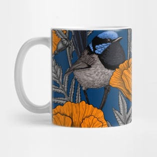 Fairy wrens and orange poppies Mug